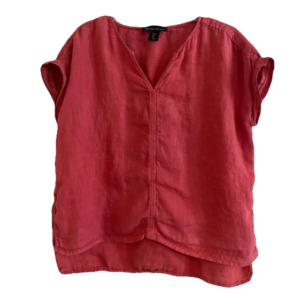 Tahari Essentials Linen Top Womens M Red Faded Short Sleeve V-Neck Light Hi-Low